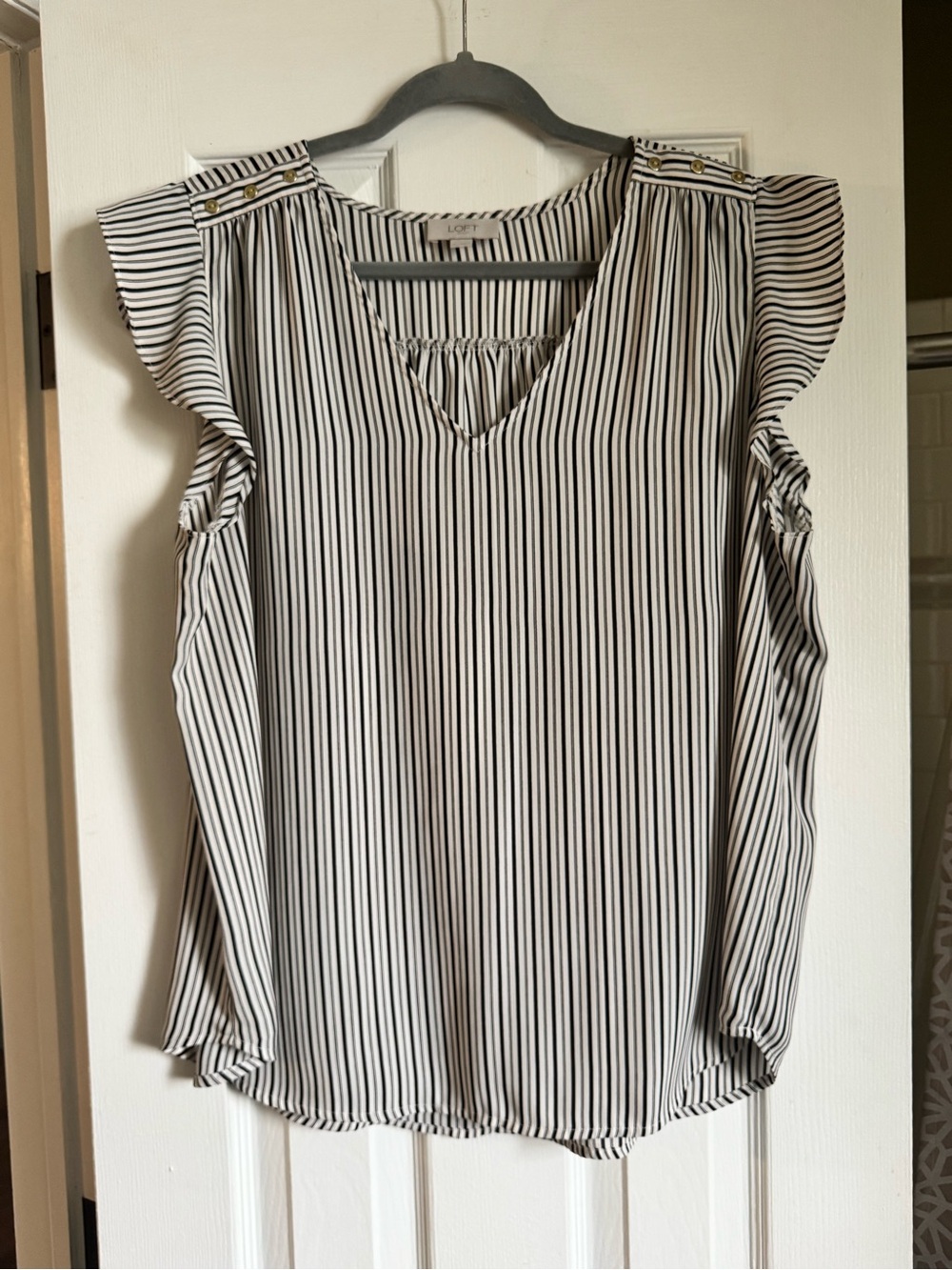 LOFT Black and White Vertical Stripe Flutter-Sleeve Blouse